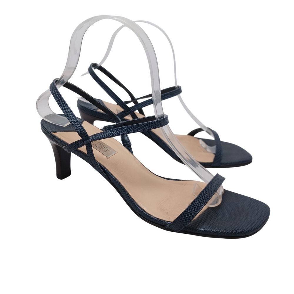 Ann Taylor LOFT Navy Blue Faux Snake Strappy Square Toe Kitten Heel Sandals 8.5M